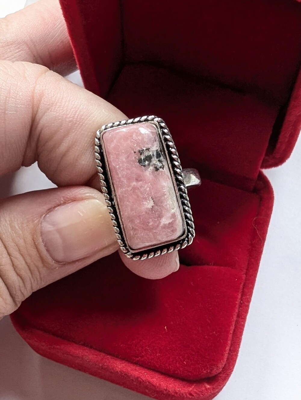 Vintage Handmade Rhodochrosite Gemstone In Sterling Silver Size 9.75